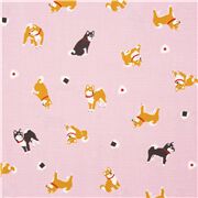 Tela oxford rosa claro laminada con lluvia de perros shiba inu y bolas de arroz