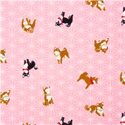 Tela oxford rosa claro motivo geom&eacute;trico de hojas estrellas y perros shiba inu