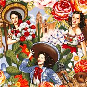Tela mujeres mexicanas de Alexander Henry sombreros flores