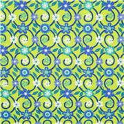 tela algod&oacute;n verde lima celos&iacute;a azul con flores de colores fr&iacute;os