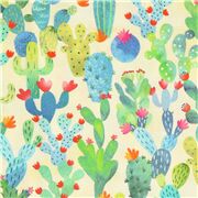 tela amarilla algod&oacute;n con plantas cactus de colores