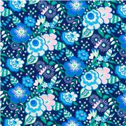 Tela algod&oacute;n azul marino flores azules hojas verdes