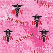 Tela algod&oacute;n rosa manchas lunares blancos Nurse en rojo emblema negro