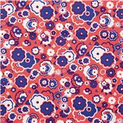 Tela retro de flores hippy azul &iacute;ndigo rojo y blanco