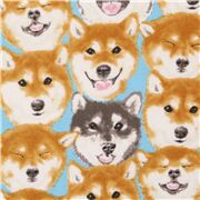 Tela oxford algod&oacute;n azul con caras de perro shiba inu marr&oacute;n gris