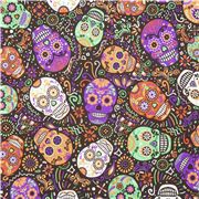 Tela minky poli&eacute;ster suave negro calaveras de az&uacute;car colores
