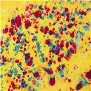 tela amarilla batik manchas gotas pintura azul y magenta