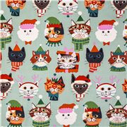 Tela de algod&oacute;n de EE. UU. en verde con gatos en sombreros navide&ntilde;os