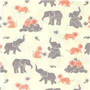 Tela blanca animales elefante gris le&oacute;n rojo coral