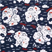 Tela algod&oacute;n azul marino oc&eacute;ano mapas de isla pirata X tesoro