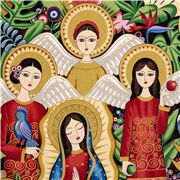 Tela algod&oacute;n negra &aacute;ngeles cacat&uacute;as coronas follaje Virgen Mar&iacute;a
