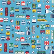 tessuto giapponese blu veicoli treni autobus tela di cotone oxford