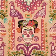 Tela de algod&oacute;n rosa pardo calaveras az&uacute;car Frida flor p&aacute;jaros