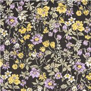 Tela de algod&oacute;n lin&oacute;n batista azul oscuro con flores amarillo p&uacute;rpura de Jap&oacute;n