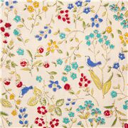 Tela crema broadcloth algod&oacute;n delicadas flores silvestres bayas p&aacute;jaro azul rojo
