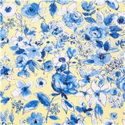 Tela algod&oacute;n amarillo claro denso dise&ntilde;o rom&aacute;ntico flores azules