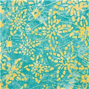 Tela flores cuatro p&eacute;talos amarillo y azul batik deste&ntilde;ido