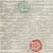 Tela gris algod&oacute;n manuscrito blanco vintage sellos de colores