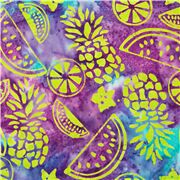 Tela algod&oacute;n batik multicolor sarong violeta y verde deste&ntilde;ido fruta tropical