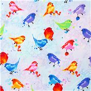 Tela azul claro con p&aacute;jaros de colores