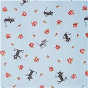 Tela laminada celeste CocoLand con rosas y animales gatos de Jap&oacute;n