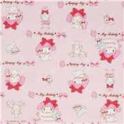 Tela laminada rosa claro de My Melody con peque&ntilde;as fresas