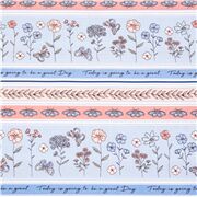 Tela estampada rayas rosa azul algod&oacute;n flores mariposas frases