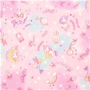 Tela laminada rosa de Jap&oacute;n de tumbling kawaii unicorn and glitter stars