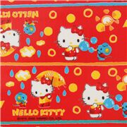 Tela laminada roja con franjas de Hello Kitty con rat&oacute;n y lluvia