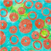 Tela de algod&oacute;n estilo batik sarong despintado en verde de anillos donut naranja