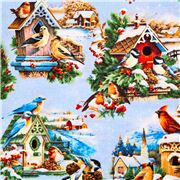 Tela fiestas navide&ntilde;as algod&oacute;n azul invierno con casas de p&aacute;jaro cardenal rojo