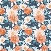 Tela navide&ntilde;a azul oscuro nieve flores Pascua coral blanco