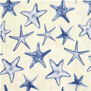 Tela estrellas de mar algod&oacute;n crema con animales marinos azules