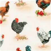 Tela crema con aves de granja pollos gallos y gallinas
