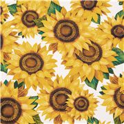 Tela algod&oacute;n blanco con girasoles hojas cosecha pipas EE. UU.