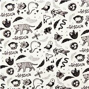 Tela blanca de algod&oacute;n con animales estilo ilustraci&oacute;n c&oacute;mic negra