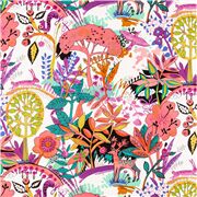 Tela blanca algod&oacute;n con animales plantas de colores ciervos