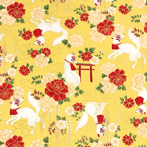 Kitsune Mythiques Renards Esprits Blancs Moutarde Tissu par Cosmo