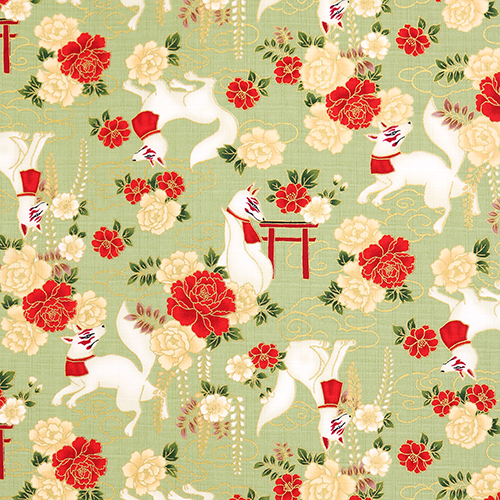 Kitsune Mythiques Renards Esprits Blancs Vert Tissu par Cosmo