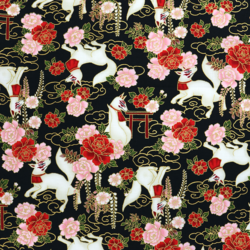 Kitsune Mythiques Renards Esprits Blancs Noir Tissu par Cosmo