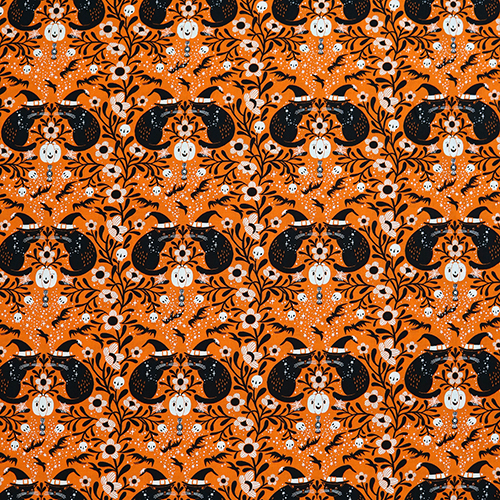 Witchy Kitty Orange Halloween Damask Fabric