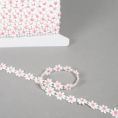 Dentelle  Bordure Marguerite Blanche Et Rose 13 Mm par Habico
