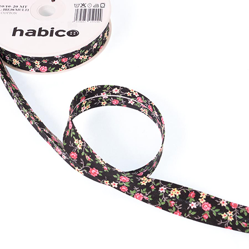 Biais Fleur 20mm - Motif Floral Noir par Habico