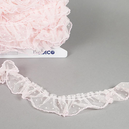 Polka Dot Gathered Lace Frill Trim 50mm - Pink by Habico