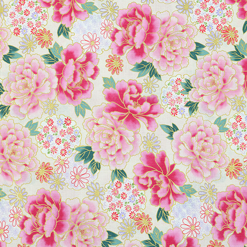 Vergoldete Pfingstrose Kyoto Blumenmuster Creme Stoff von Hokkoh