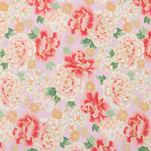 Vergoldete Pfingstrose Kyoto Blumenmuster Rosa Stoff von Hokkoh