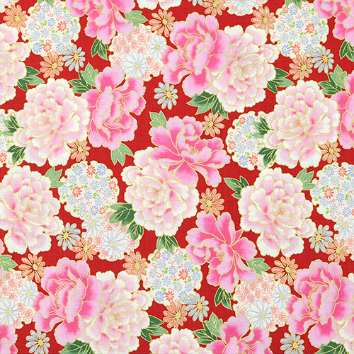 Vergoldete Pfingstrose Kyoto Blumenmuster Rot Stoff von Hokkoh