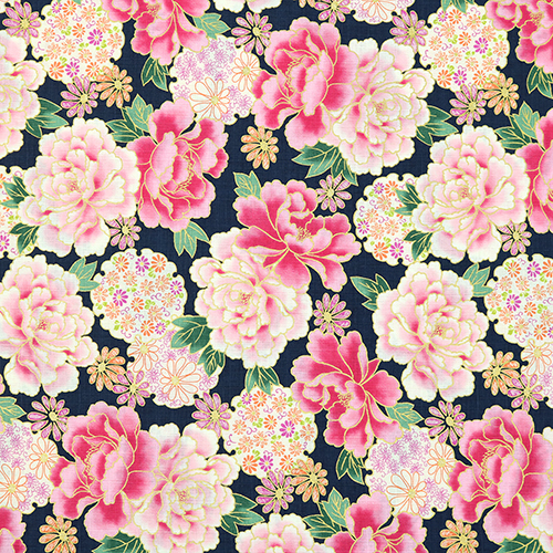 Vergoldete Pfingstrose Kyoto Blumenmuster Indigo Stoff von Hokkoh