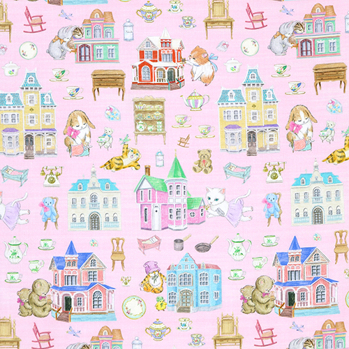 Pretty Colourful Dolls House Cute Vintage Animals Fabric by Hokkoh