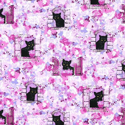 Gato Negro Ventanas Pintura Montaje Floral